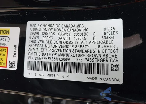 2025 Honda Civic Hybrid Sport/Sport Touring from USA, damaged, VIN 2HGFE4F83SH328609